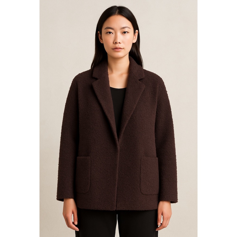 Eileen Fisher Bouclé Wool Open Front Blazer Jacket Brown Textured Women's L